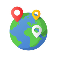 Planet Earth and map pins icon. Earth globe and colorful map labels. Modern graphic elements for web banners, web sites, printed materials, infographics. Flat design vector illustration