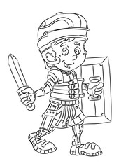 happy smiling cartoon roman soldier standing with sword and shield