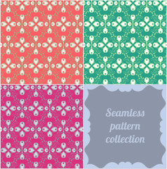 Green, violet and orange collection ornamental seamless patterns for making damask wallpapers and textile print. Vintage style. Vector illustration.