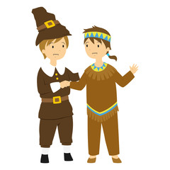 Thanksgiving Pilgrim and Native boys are having a friendly handshake.