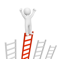 3d man standing on the top of longest ladder and holding hands up. 3d render.
