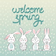 welcome spring. Greeting card with bunny in vector.