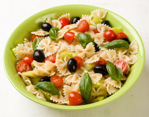 farfalle salad on white table