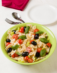 farfalle salad on white table