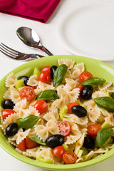 farfalle salad on white table