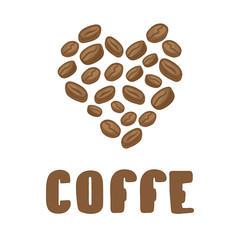 Coffe beans in heart. Vector coffee beans illustration with text