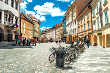 colorful street Ljubljana summer Lubiana buildings clean urban area - obrazy, fototapety, plakaty
