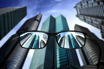 Glasses, vision concept, skyscrapers