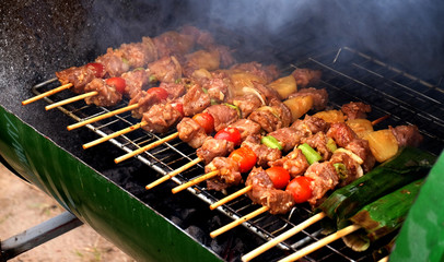 Close up barbecue grills at barbecue party on barbecue grill at countryside in holiday.BBQ with pineapples,outdoor party..