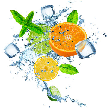 Fototapeta Fresh fruits falling in water splash, isolated.