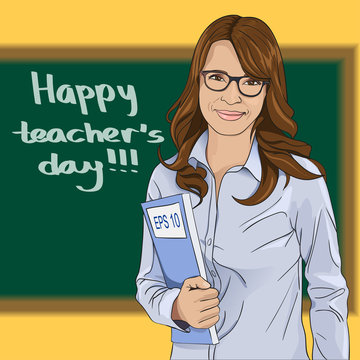 Happy Teacher's Day. The teacher stands at the blackboard. Vector illustration