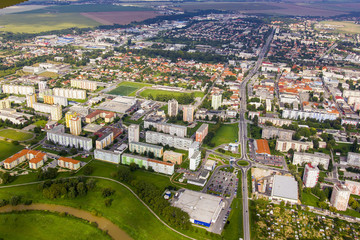 Fototapeta na wymiar Aerial view of Topolcany, Slovakia, Slovak city Topolcany from plane