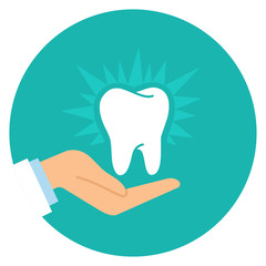 Cartoon doctor hand and healthy tooth