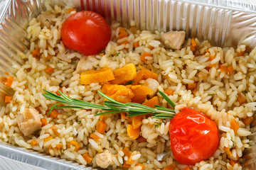 Healthy food in boxes, diet concept. Salad