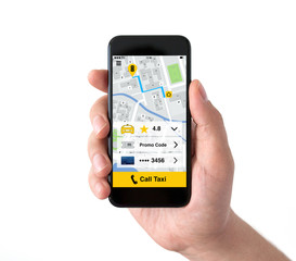 Isolated male hand holding black phone with application call tax