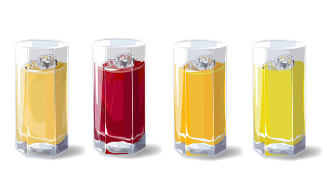 Fruit juices. A set of glasses with fruit juice, apple, cherry, orange, pineapple