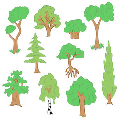 Hand Drawn Set of Trees. Doodle Drawings of Green Fir, Cypress, Birch, Oak in Flat Style Vector Illustration.