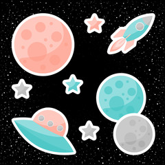 Vector space cover with planets, pink and blue stars, ufo and sp