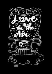 Love is in the air lettering With Couple In Hot Air Balloon.