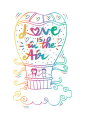 Obraz premium Love is in the air lettering With Couple In Hot Air Balloon.