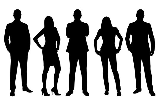 Business men and women vector silhouettes, standing people in fo