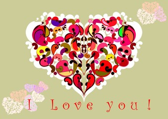 Postcard in the olive background, ornamental big heart with elements of different colours