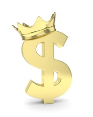 Isolated golden dollar sign with crown on white background. American currency. Concept of investment, american market, savings. Power, luxury and wealth. 3D rendering.