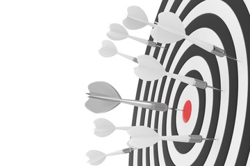 Darts board with red center and silver arrow on white background. 3D rendering.
