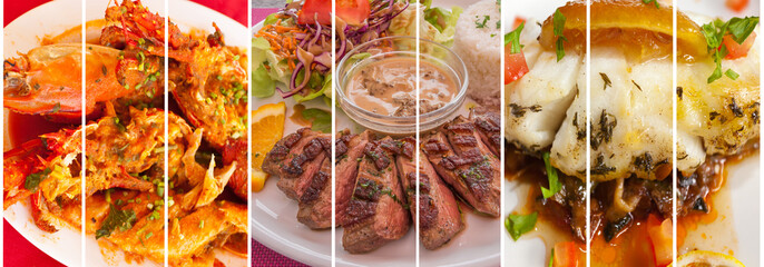 collage de plats cuisinés, langoustes et gambas, magret de canard, filet de légine thym et agrumes