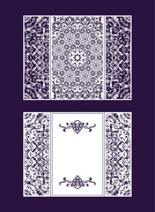 Flyer laser cut a mandala. Cut paper card with lace pattern. Wedding invitations, postcards and business cards templates. Decorative cards for laser cutting.