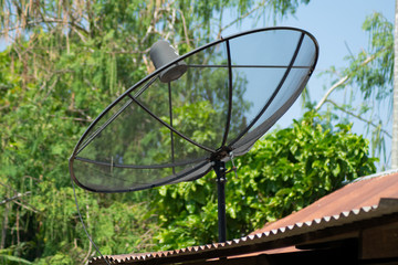 satellite dish with green tree background