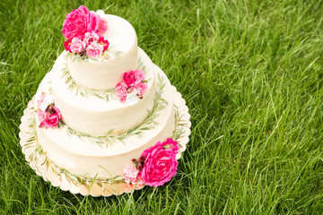 Obraz na płótnie Canvas Beautiful wedding cake with flowers, outdoors. Three levels