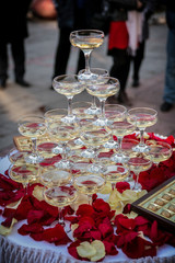 pyramid of glasses with champagne