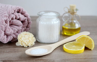 Obraz na płótnie Canvas Natural ingredients for homemade body salt scrub