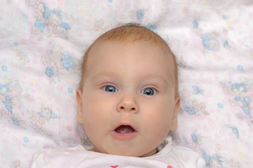 beautiful cute baby opened his mouth very much surprised and scared, isolated close-up