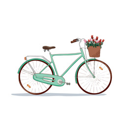 the hand drawn vector city bike icon with basket for flowers. the bouquet of roses.  the vector icon for illustration of funny journey and romantic trips. the cycling is a part of healthy life
