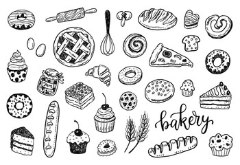 Hand drawn sketch bakery set. Food, cooking, sweets, pastry design