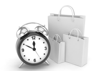 alarm clock and shopping bag (time to buy concept). 3d rendering.