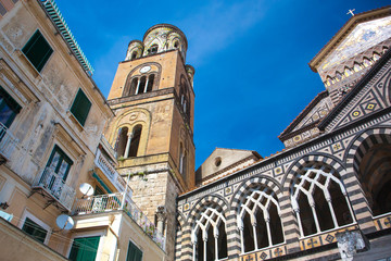 Fototapeta na wymiar Amalfi old center square, St. Andrea Cathedral on background