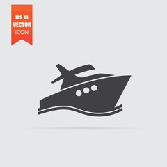 Yacht icon in flat style isolated on grey background.