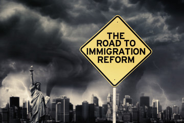 Immigration Reform word with signpost under storm