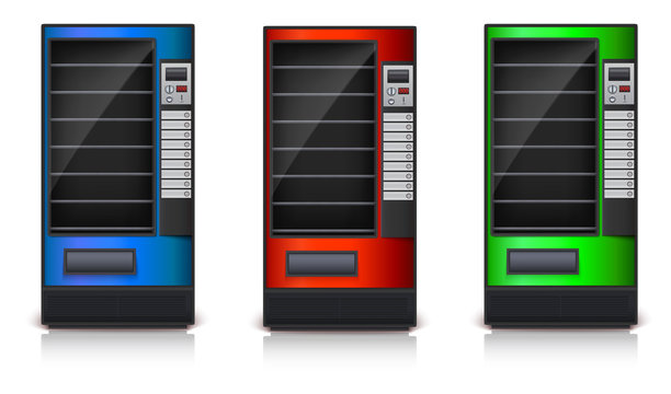 Vending Machine with shelves, green, red and blue coloor. 3D images, vector icon, eps10