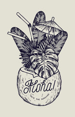 vintage tropic aloha coconut cocktail print with straws and umbrella © Handdraw