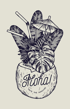 vintage tropic aloha coconut cocktail print with straws and umbrella