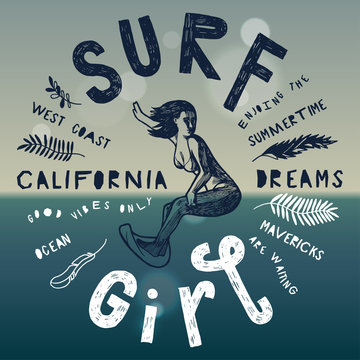 surf girl vintage ocean print