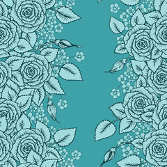 Vintage vector seamless pattern with garden roses on light mint green background. Rose blossoms with leaves and little flowers, hand-drawn sketch background, perfect for romantic events