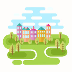 Fototapeta premium Green city. Abstract idyllic landscape with colorful houses and trees under blue sky.