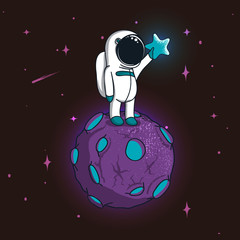 Cute spaceman stand on magic planet