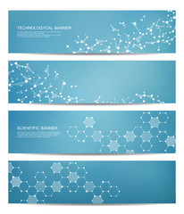 Set of modern scientific banners. Molecule structure DNA and neurons. Abstract background. Medicine, science, technology, business, website templates. Scalable vector graphics.