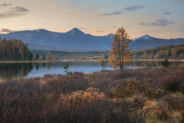 Fototapeta na wymiar Mirror Surface Lake Autumn Landscape With Mountain Range On Background With Light Pink Sky